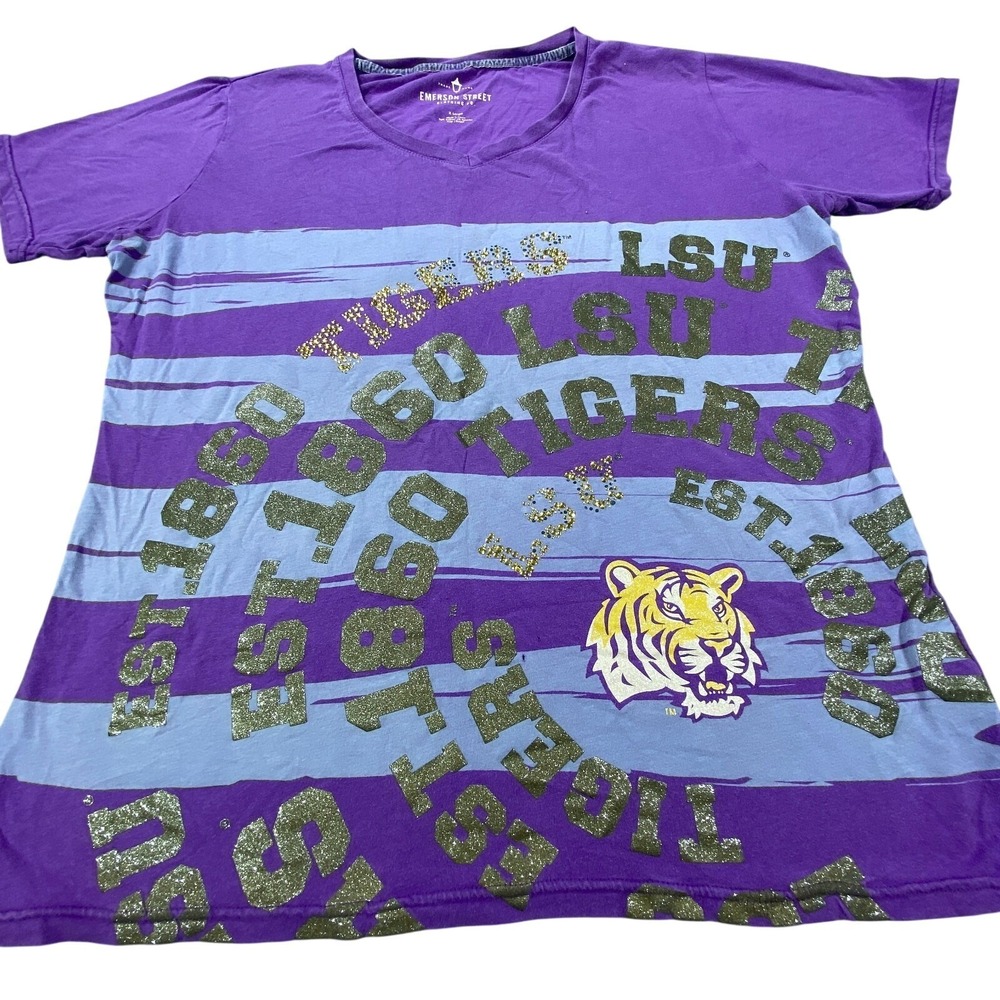 LSU Tigers T Shirt Mens XL Purple NCAA College Short Sleeve V Neck Cotton Mascot